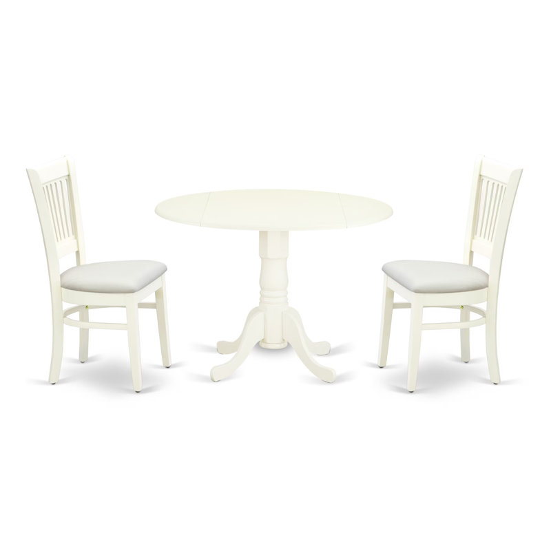 L'ensemble de 3 tables de salle à manger modernes comprend une table ronde en bois avec Dropleaf et 2 chaises de salle à manger rembourrées en tissu de lin, 42 x 42 pouces, blanc lin