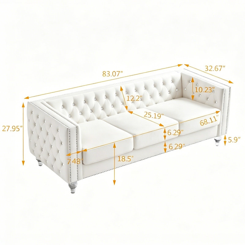 Canapé 83 po en velours, siège à 3 places, canapé à accoudoirs carrés avec 2 coussins, Blanc