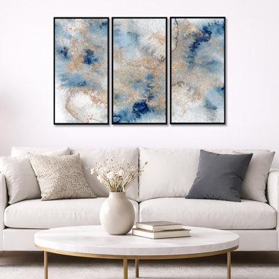«Blue and Gold Marble Clouds I», reproduction de cadre flottant sur toile 3 pièces