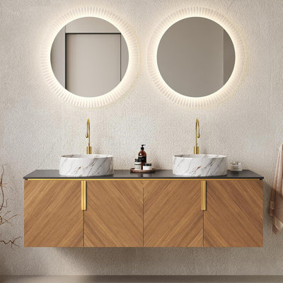 Meuble-lavabo flottant 60 po avec 2 lavabos, lavabo en marbre blanc et 4 portes à fermeture douce