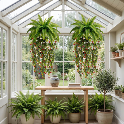 Artificial Hanging Green Plant Set, Artificial Boston Ferns, Red And White Flower Vines, Wall-Mounted Green Leaf Vines, Suitable For Home, Weddings, Indoor And Outdoor Decoration