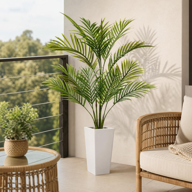 Palmier artificiel 4,5 pi avec plante blanche 4,5 pi, feuilles réalistes, pot lesté, plante tropicale artificielle pour la maison ou le bureau