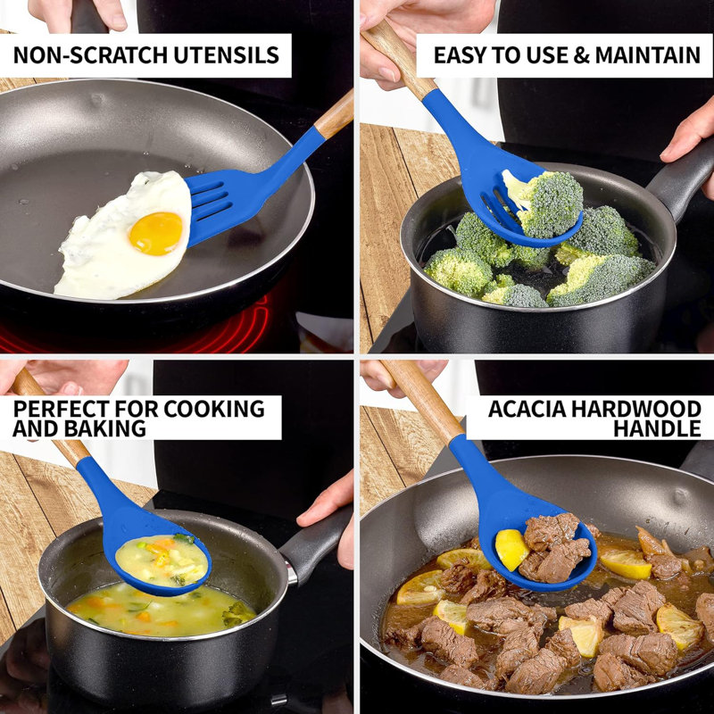 Ensemble d'ustensiles en silicone 5 pièces avec poignées en bois d'acacia Zulay Kitchen , Bleu très foncé