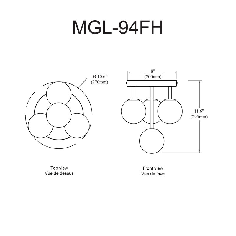 Plafonnier semi-encastré 4 lumières Megallan, Laiton vieilli
