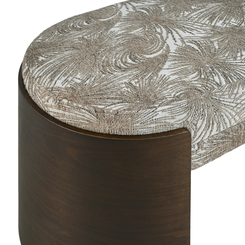 Banc rembourré de style Mid-Century avec imprimé de feuilles de palmier en chenille et pieds courbés en noyer pour le vestibule ou la chambre à coucher