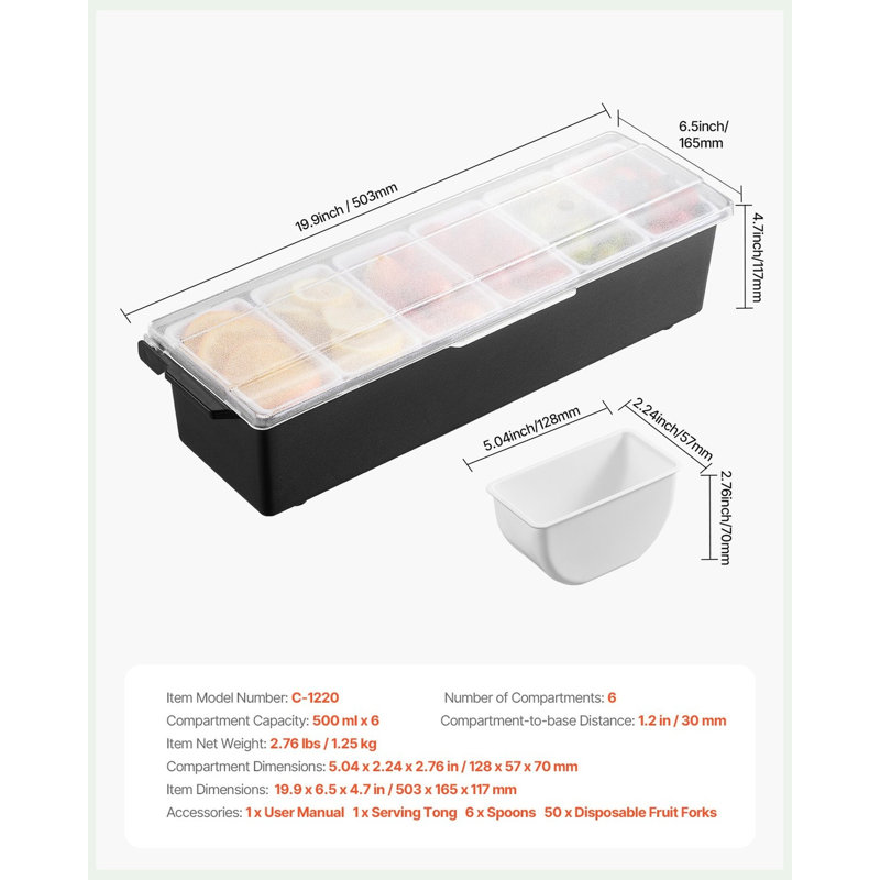 Présentoir à condiments réfrigéré à 6 compartiments, plateau de bar à garnitures refroidi par glace avec couvercle et inserts amovibles, sans BPA, 50,5 x 16,5 cm