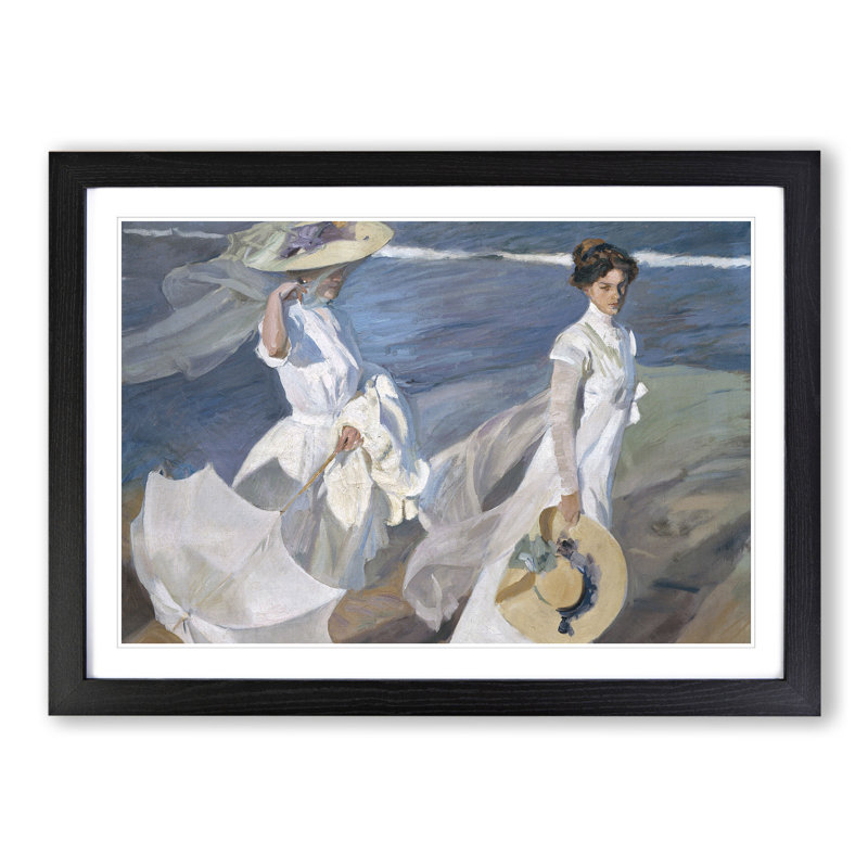 Women Walking on the Beach by Joaquin Sorolla Y Bastida - Picture Frame Painting, 36cm H x 48cm W x 2cm D, Black Framed