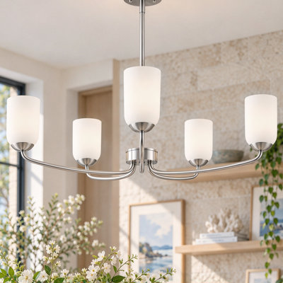 Lustre moderne à 5 lumières de 81 cm (32 po) en nickel brossé avec abat-jour en verre dépoli
