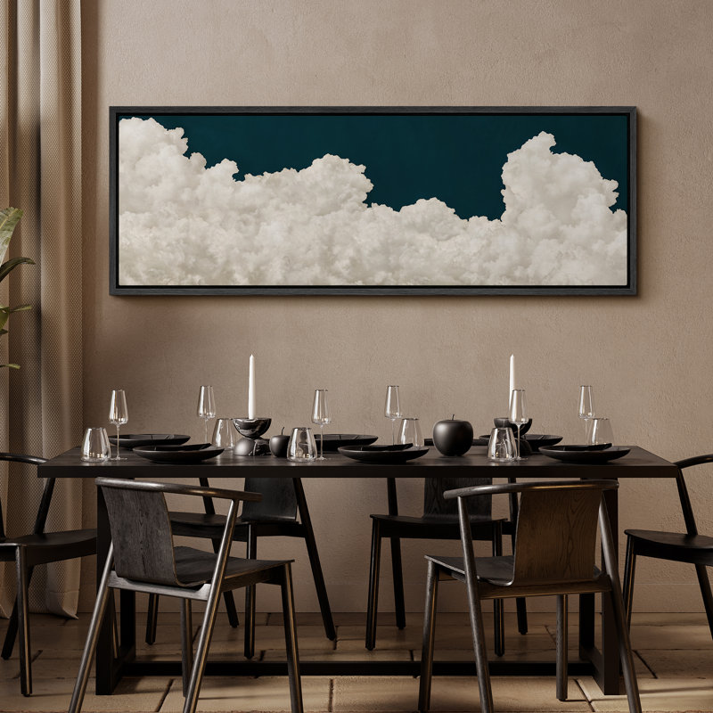 " Serene Cloudscape White Clouds On Deep Blue Sky Retro Fine Art Illustrations Decor ", 20" H x 60" W, Black