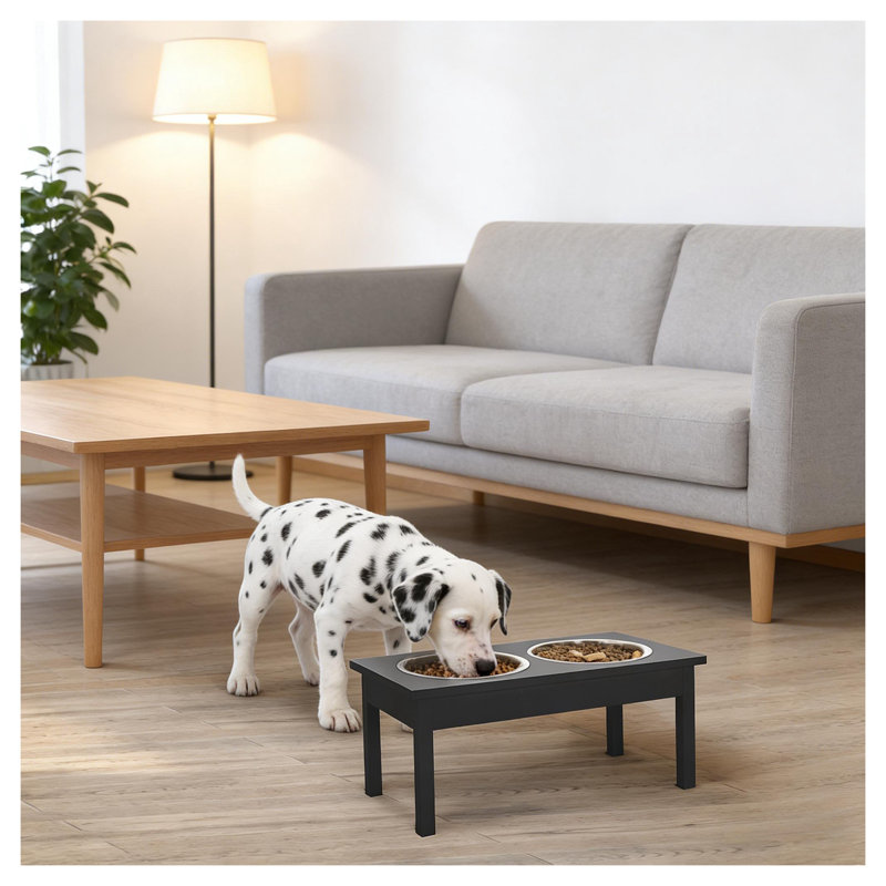 Mangeoire pour chien surélevée en bois noir avec bols en acier inoxydable, Black