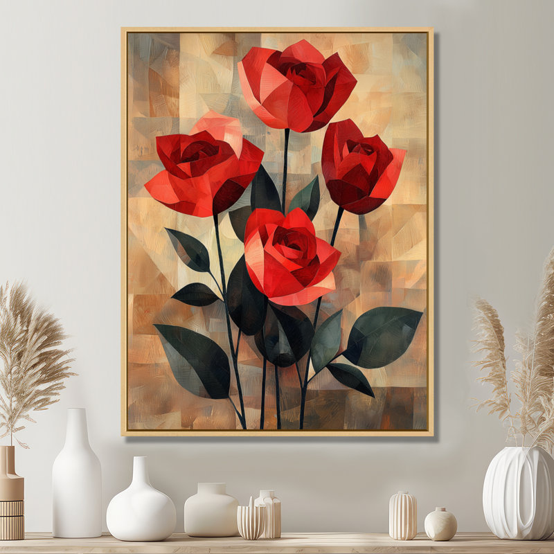 «Red Velvet Geometric Rose Passion I - Roses», art mural, H 44 po x l 34 po, Reproduction avec cadre flottant, Crème, crème