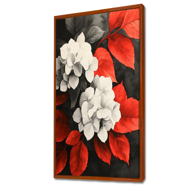 Hortensias monochromes avec feuilles rouges III - art mural d'hortensias pour le salon, 60" H x 28" W, Brown