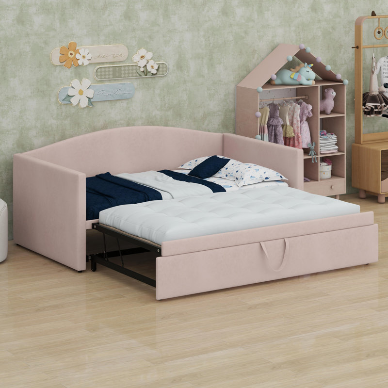 Daybed With Extended Pop Up Trundle, Pink