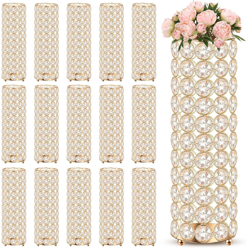 16 vases à fleurs en cristal doré et bougeoirs 16 lumières - Centres de table élégants pour les mariages, les fêtes et la décoration intérieure