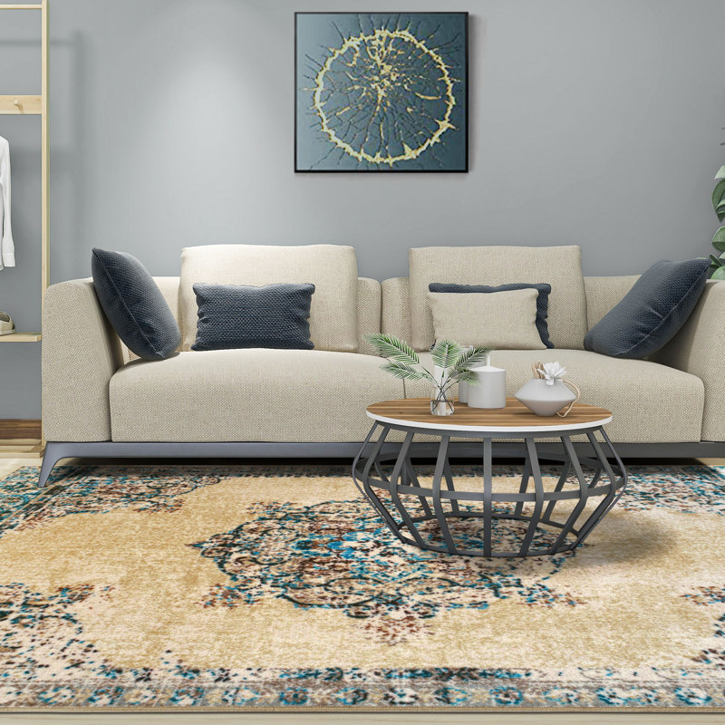 Ezra Distressed Medallion Traditional Border Indoor Area Rug, Rectangle 9' x 12'