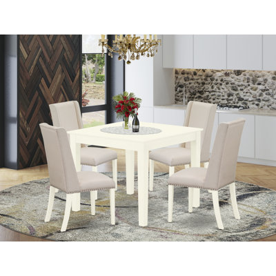 5 Piece Kitchen Table Set for 4 Includes a Square Dining Room Table and 4 Cream Linen Fabric Parson Dining Chairs, Linen White