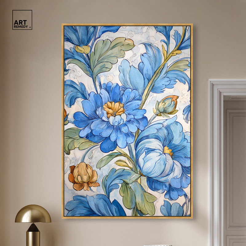 "Blue Chinoiserie", impression murale sur toile par Art Remedy, cadre doré, 36 x 54, Cadre doré, H 55 po x l 37 po