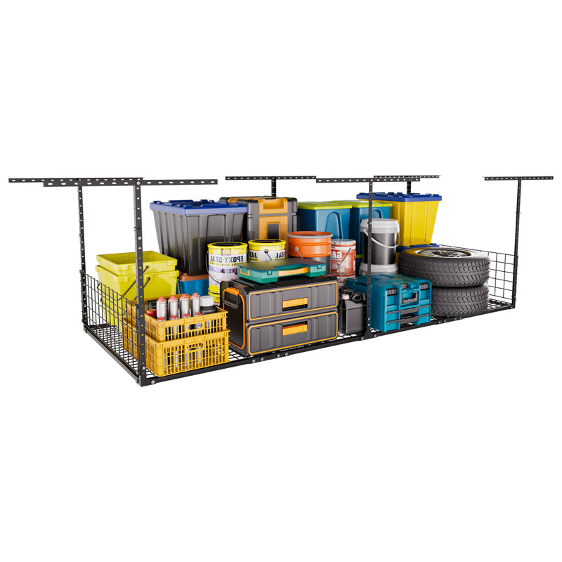 Overhead Garage Storage Rack - 8' x 3' Heavy Duty Garage Overhead Storage Shelving, 22"-42" Adjustable Height Ceiling Hanging Rack, 600 LBS Weight Capacity Black Garage Organization Shelf