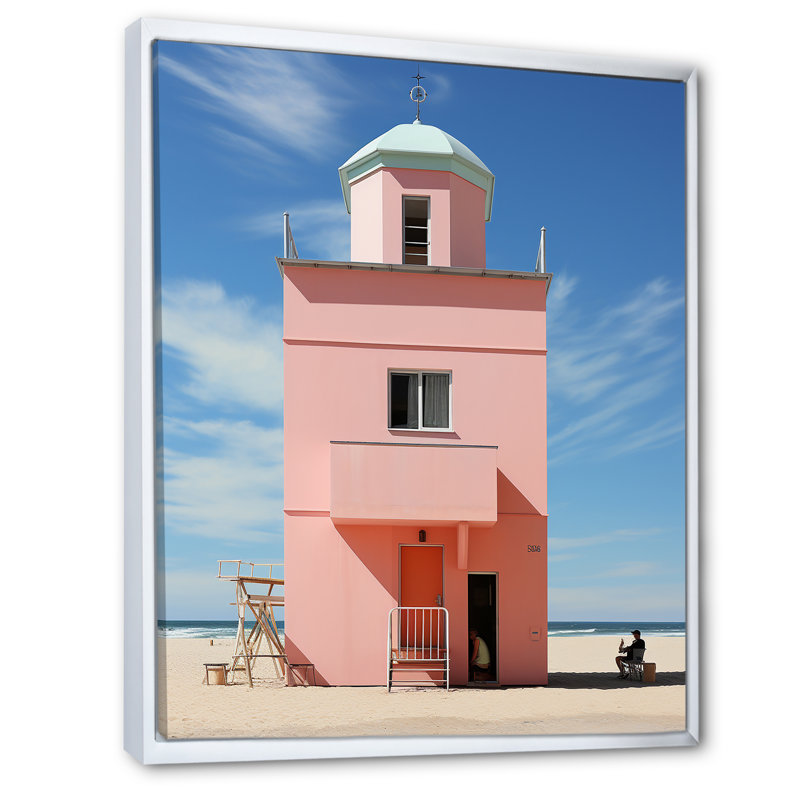 «Pink Summer House On Miami Beach», reproduction sur toile, Cadre flottant blanc, H 44 po x l 34 po x P 1,5 po