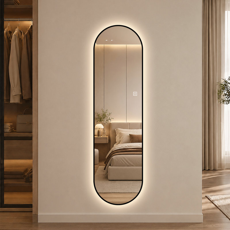 65" x 18" Capsule-Shaped Dimmable LED Full Length Wall Mirror with Black Frame