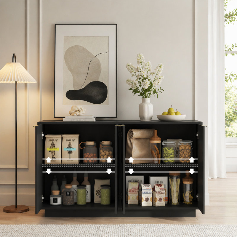 Buffet noir moderne avec rangement, grand buffet cannelé avec tablettes réglables, crédence, console d'appoint