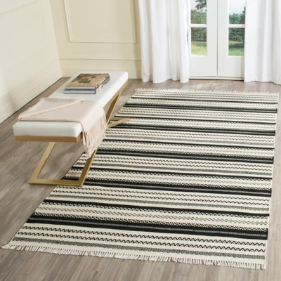 Liara Hand Woven Wool/Cotton Striped Rug in Black/Ivory