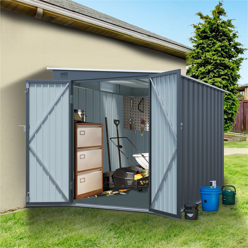 Remise de rangement extérieure en acier galvanisé de 6 x 8 pi avec portes doubles verrouillables, inclinaison en métal avec panneau d'éclairage PC gratuit pour les outils, les vélos et les essentiels de patio (sans les planchers)
