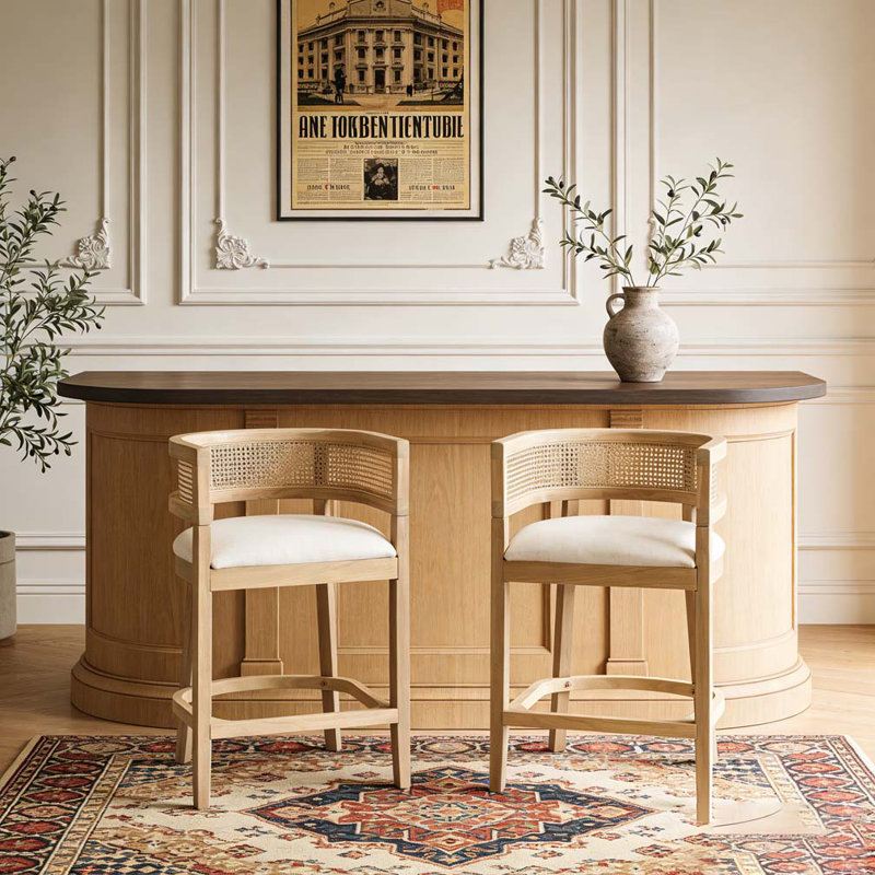 Wood And Rattan Upholstered Arm Counter Stools, Beige,Natural Ash