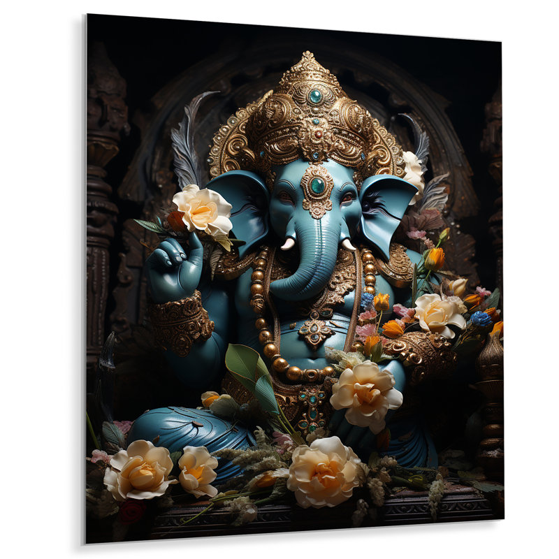 Or indien sarcelle doré mystique Ganesha - décoration murale indienne en métal, H 20 po x l 12 po
