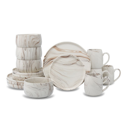 Lorren Home Trends Marble Pattern Dinnerware Set, 16 Piece Ceramic Dishes And Mugs, Modern Swirl Design, Beige And 