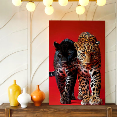 Leopard Black Cat Panther Duo Red Background Canvas Wall Art Print, Decorative Artwork For Living Room Bedroom Entryway Office And Hallway Decor, Statement Artwork, Room Accent