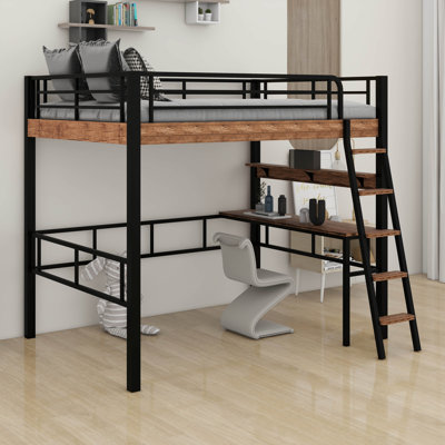 Lit mezzanine simple en métal avec barrière de sécurité et échelle, cadre de lit en métal robuste avec bureau intégré et tablette de rangement, économiseur d'espace, aucun sommier requis, mobilier de chambre pour garçons, filles, adolescents, ad