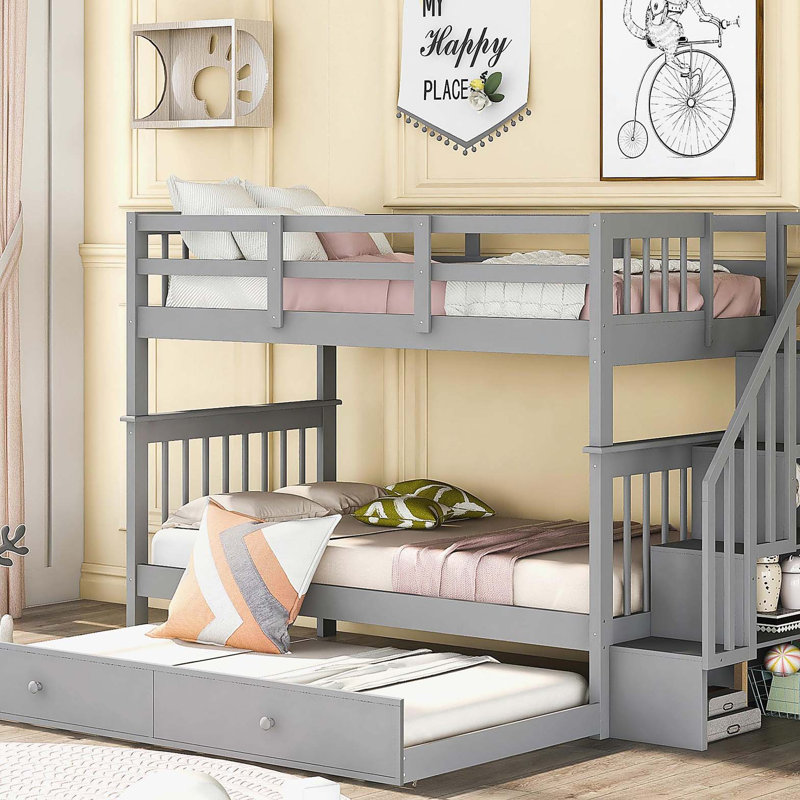 Lit superposé simple au-dessus de simple avec lit gigogne simple pour chambre à coucher, adulte, gris Stairway, Gris