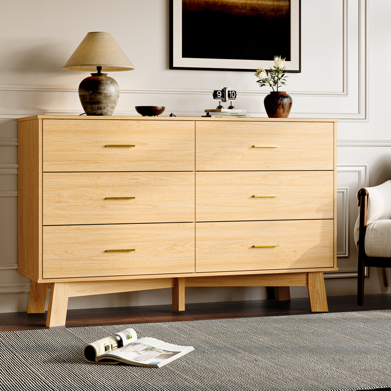 6 -Drawer Double Dresser 47.24''W, Chest Of Drawers With Adjustable Base For Bedroom, Living Room, Natural