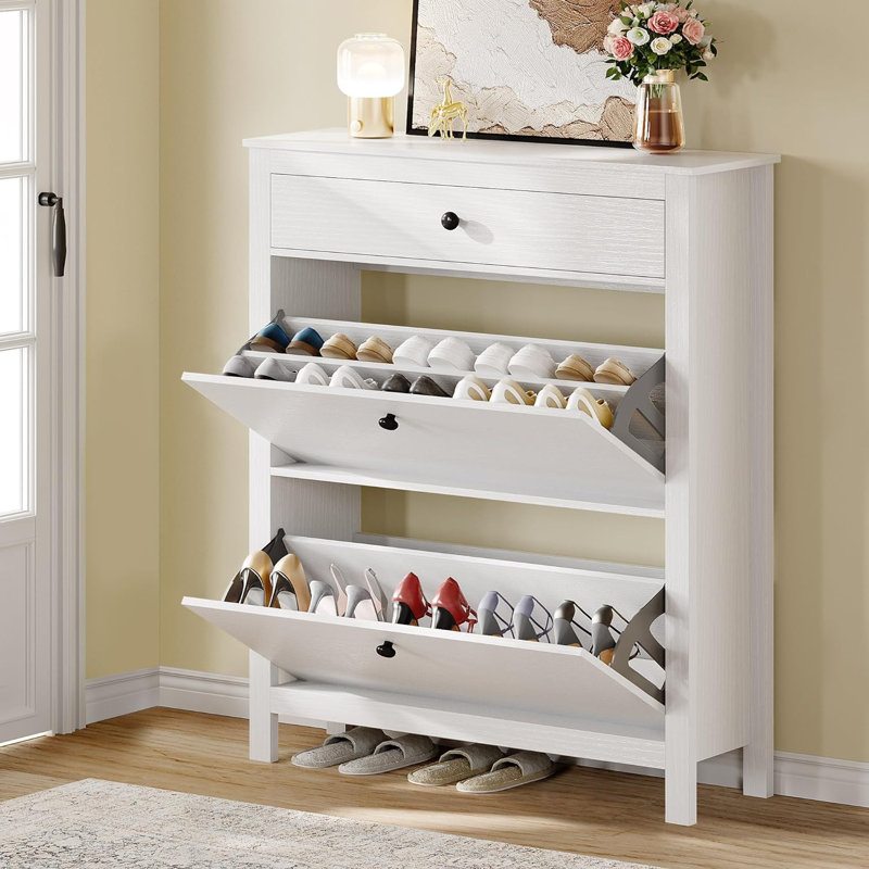 16 Pair Shoe Storage Cabinet with Drawer, White