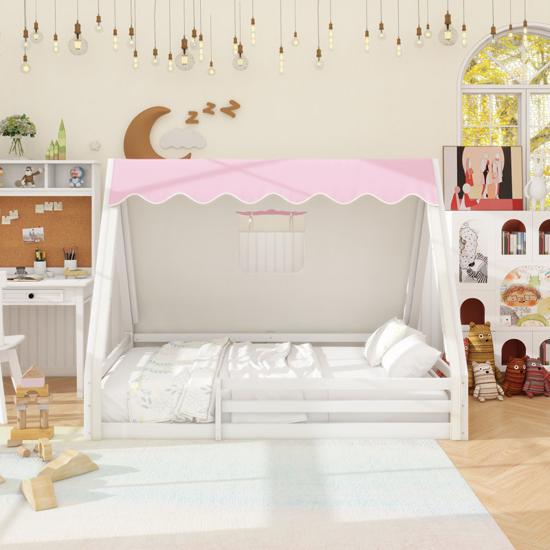 Full Size House Floor Bed With Tent And Light, Solid Wood Teepee Floor Bed With Full-Length Guardrails, Montessori And Childlike Design, White+Pink
