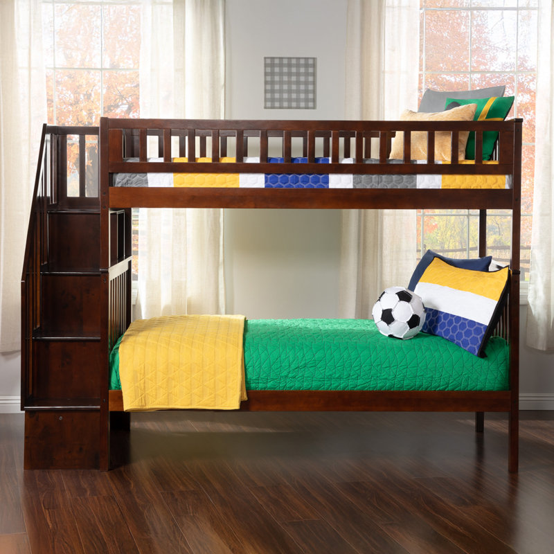 Ilariana Heavy Duty Kids Staircase Bunk Bed, Twin Over Twin, Walnut