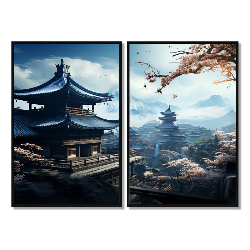 «Japon Temple», art mural sur toile traditionnel, sérénité, 2 pièces, Noir, H 36 po x l 48 po, Impression encadrée flottante