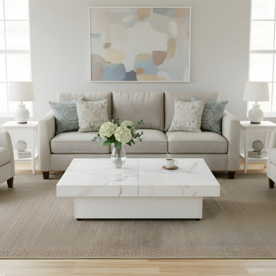 Square Marble Veneer Coffee Table Sliding Top with Storage
