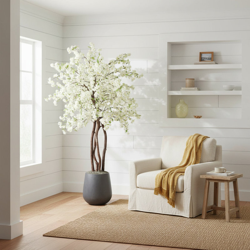 Faux Cherry Blossom Tree Plant in Fiberstone Planter