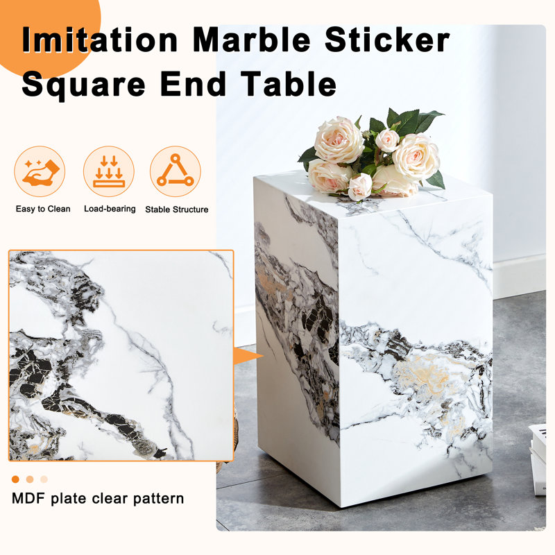 Modern Faux Marble Square Coffee & End Table for Small Spaces, White, 19.69" H x 11.81" W x 11.81" D