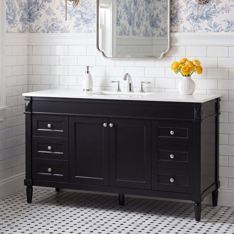 Readington 60 " W Freestanding Standard 1 Single Vanity Bathroom Vanity With Engineered Marble Top, Black