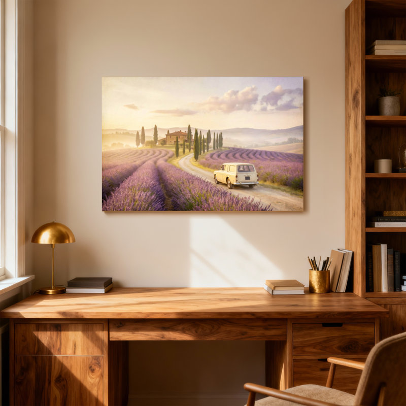 Plantes et fleurs, champs de lavande, paysage de coucher de soleil rétro, H 12 po x l 18 po