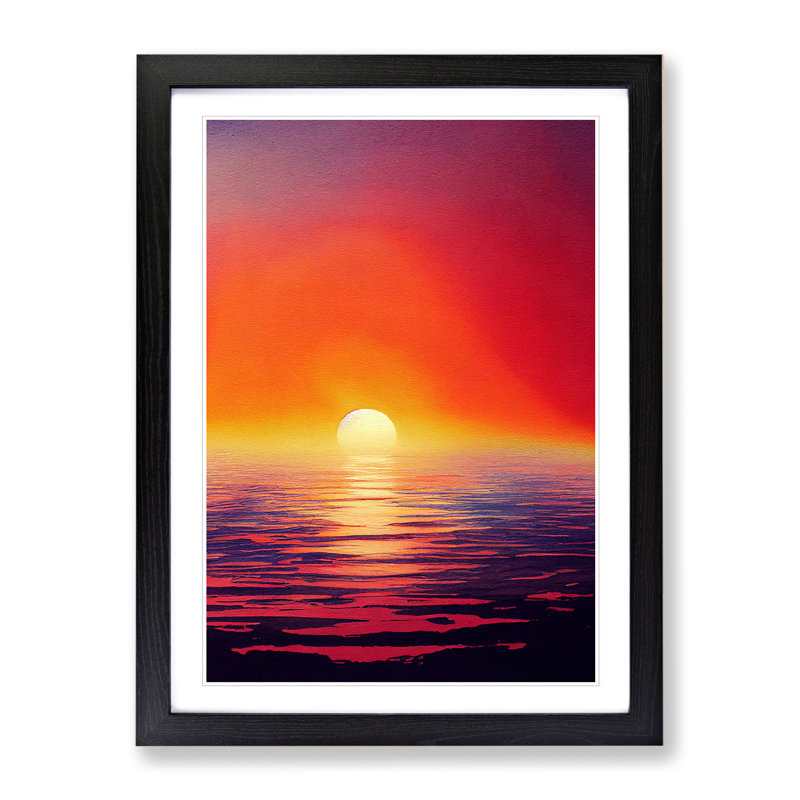 XV1022-621X An Ocean Sunset Watercolour No.1 - Single Picture Frame Print, Black, 64cm H x 46cm W