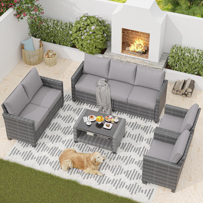 5 Piece Rattan Patio Furniture Set - 7-Seat Outdoor Furniture Sectional Sofa With Storage Table