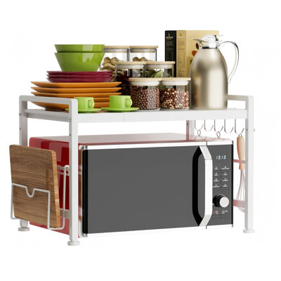 Étagère de four à micro-ondes extensible (étagère de comptoir de cuisine réglable, support de micro-ondes à 2 niveaux) avec 6 crochets pour l'organisation du comptoir de cuisine (blanc)