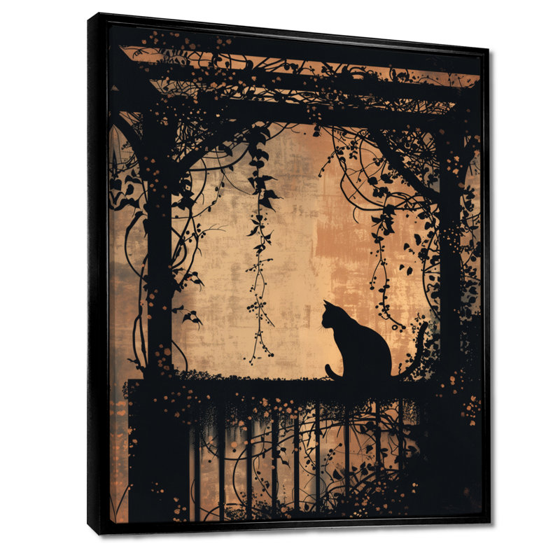 Chat noir sur porche fleuri - décoration murale chat, H 32 po x l 16 po x P 1 po, Toile avec cadre noir