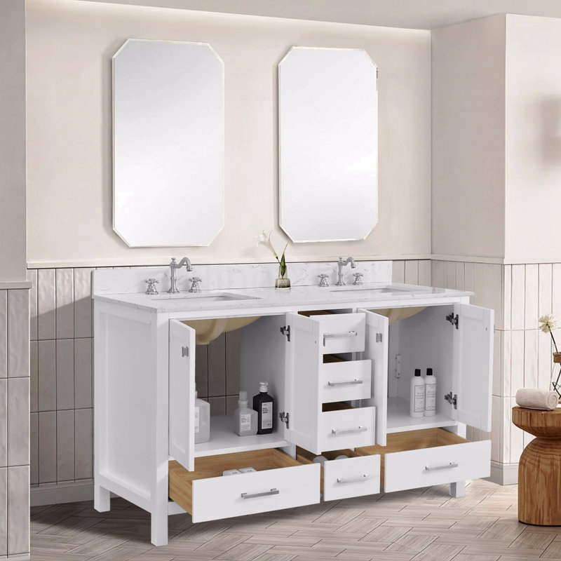 Meuble-lavabo 60 po, meuble-lavabo avec cadre en bois massif, comptoir autoportant avec double cuve