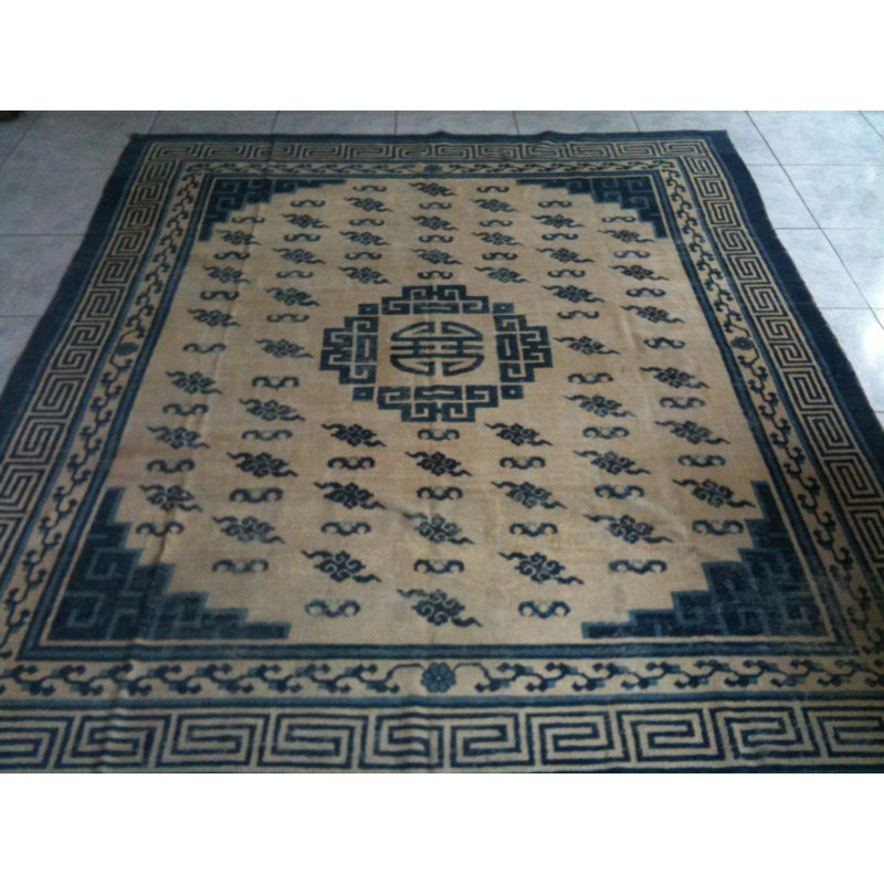 Antique Room Size White and Blue Color Mongolian Medallion Rug