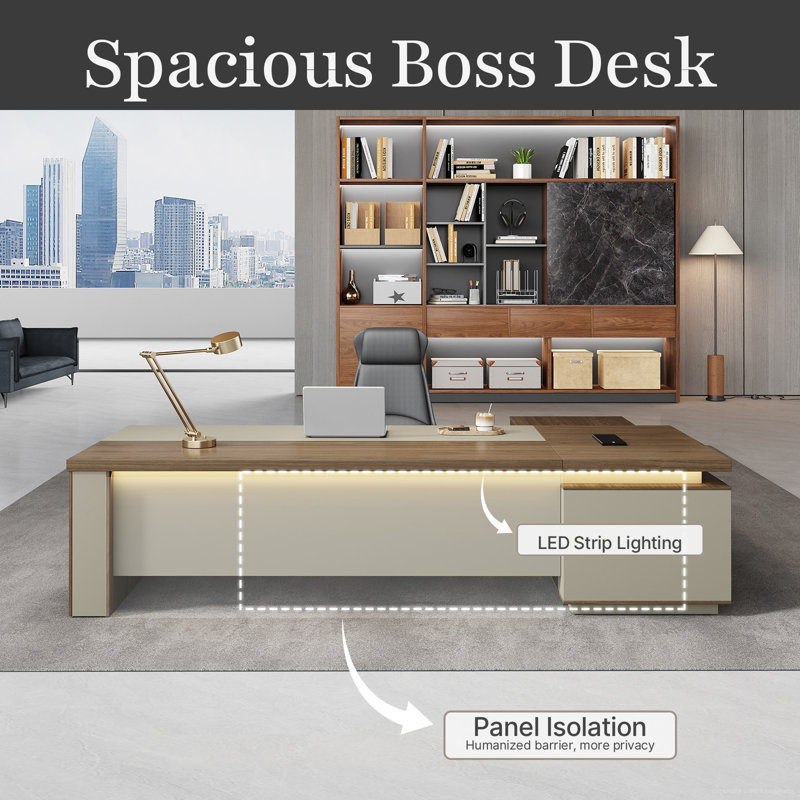 Achilles Luxury L-Shaped Ergonomic Executive Desk With Integrated Storage And Power Management, Yellow/Beige